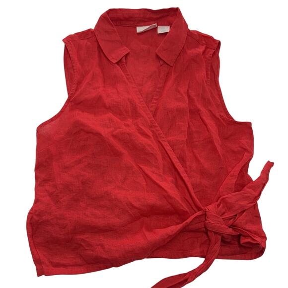Cynthia Rowley Top Womens Small Red Linen Wrap Sleeveless Collared Summer Blouse - Picture 1 of 6